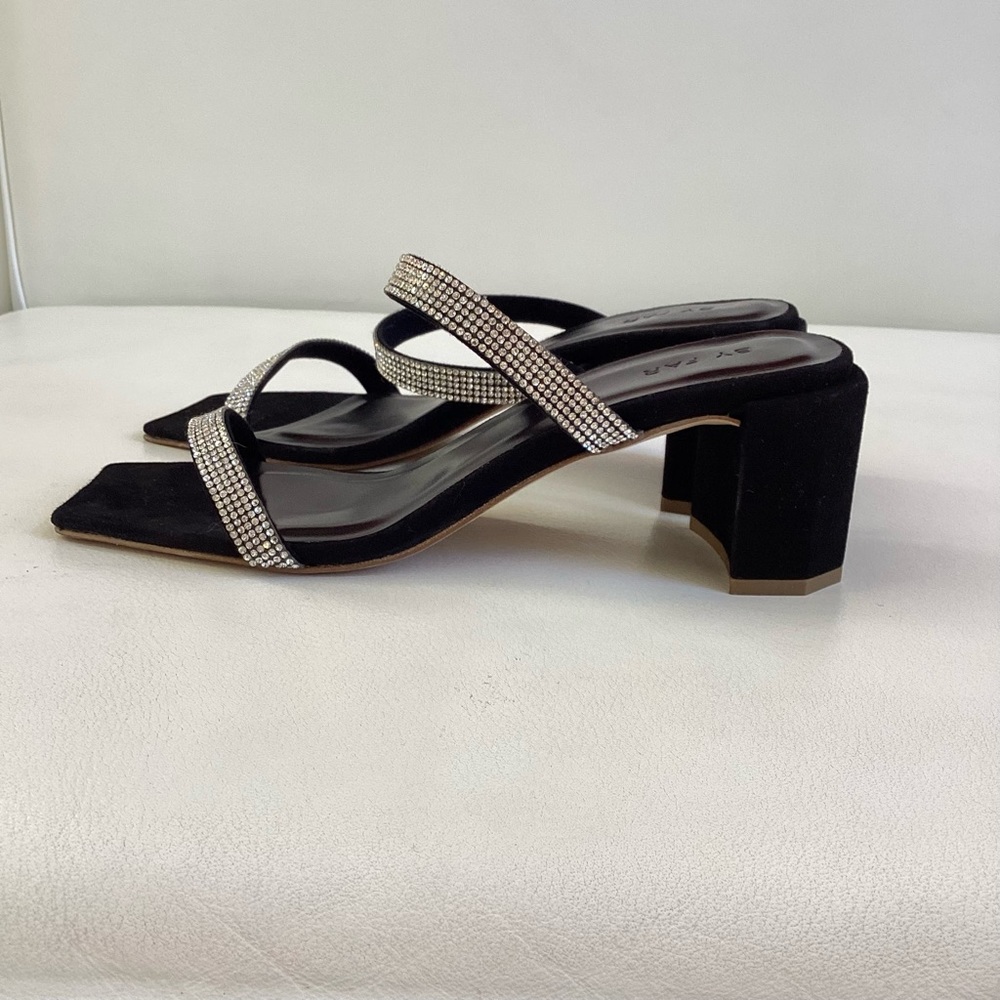 By Far Black Tanya Suede Crystal Embellished Heel Sandals NWOB SZ 6/36